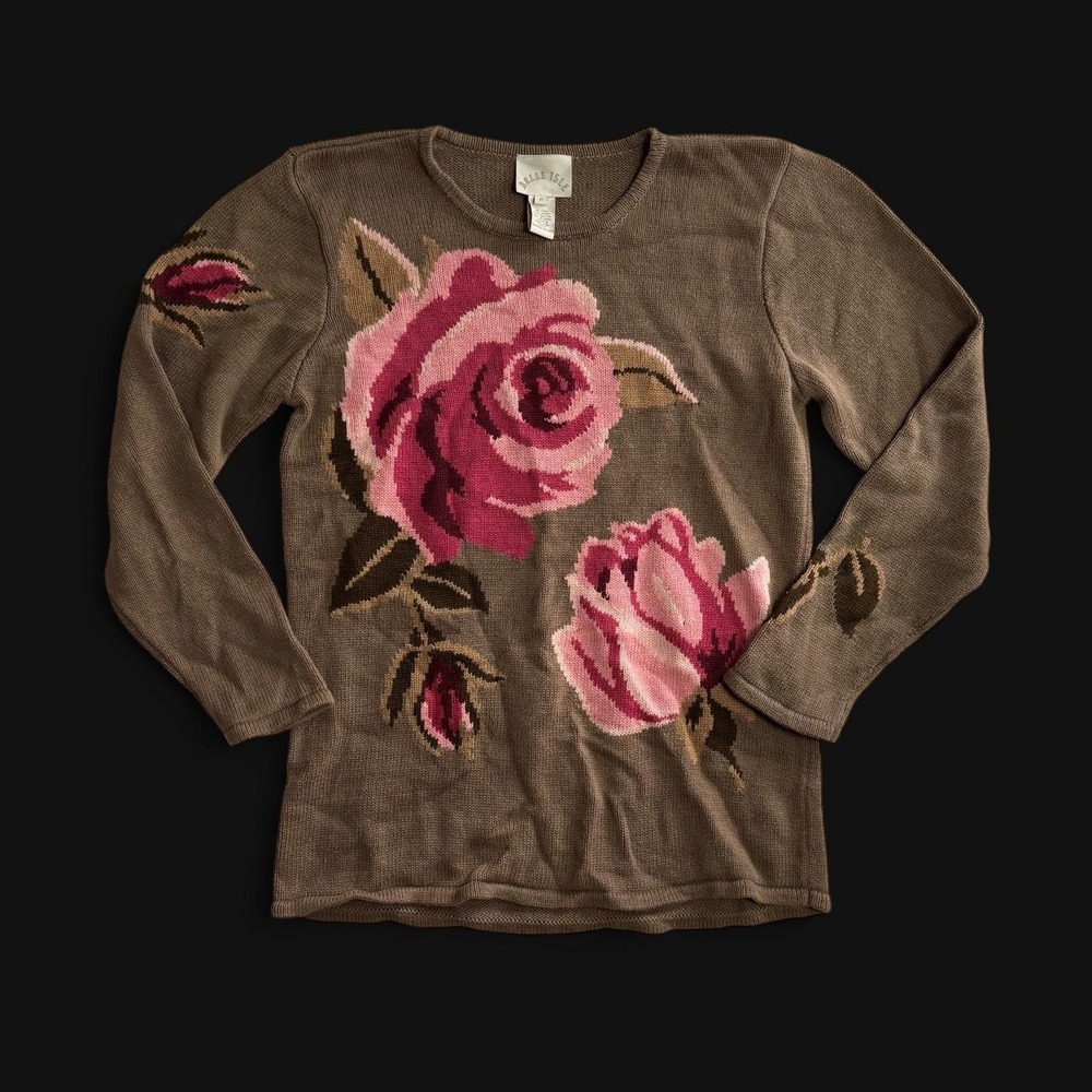 Vintage Belle Isle Brown Pink Rose Floral Knit Sweater Ramie Cotton Womens M